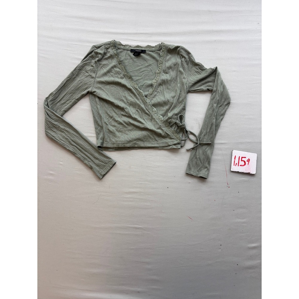 Forever 21 Sage Green Ribbed Lace Trim Long Sleeve Wrap Crop Top Medium